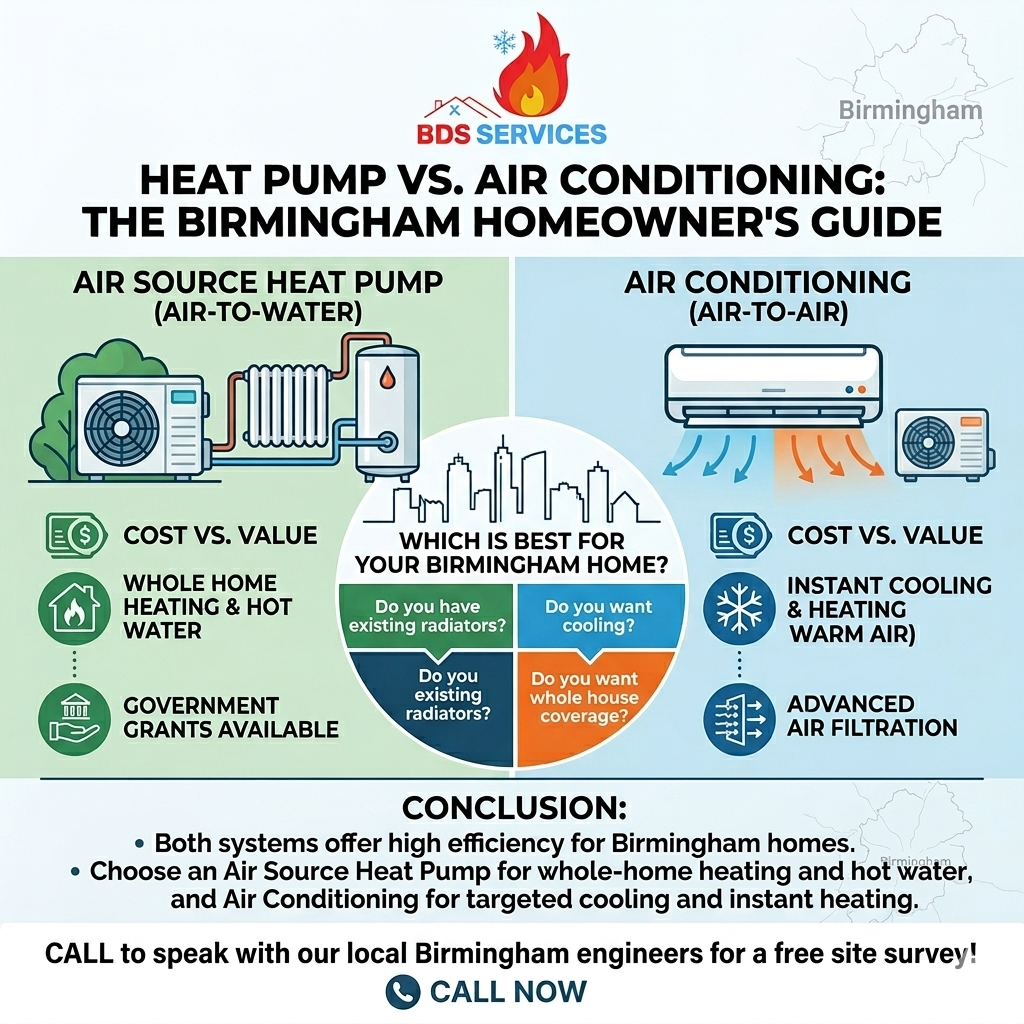 nfographic comparing Air Source Heat Pump vs. Air Conditioning for a Birmingham home by BDS Services Ltd.
