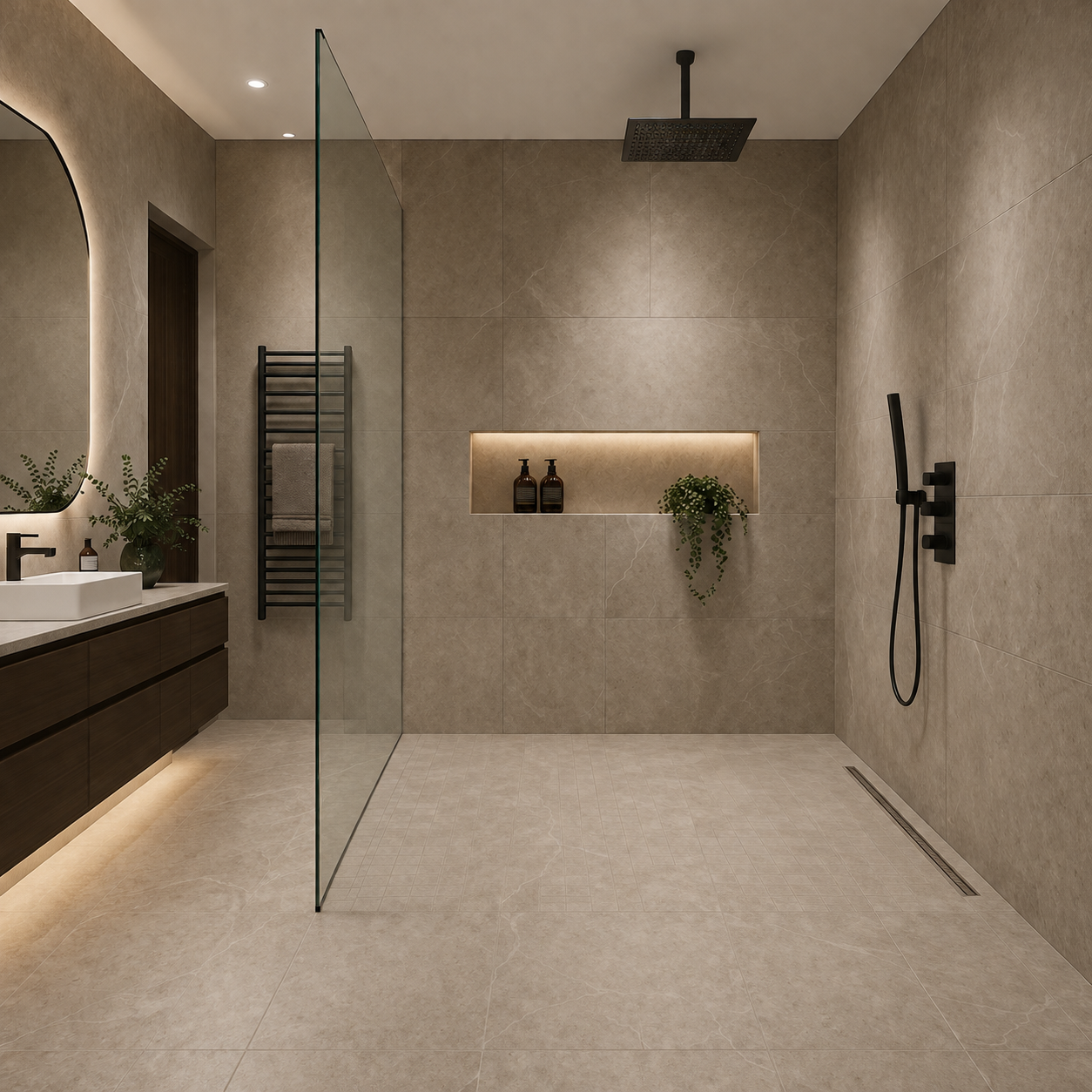 Seamless tiled wet room installation with walk in shower glass screen in a modern West Midlands home